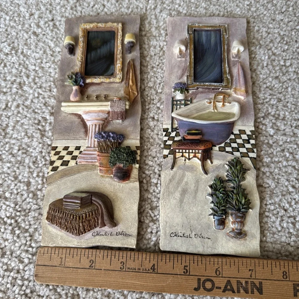 Vintage C. Winterle Olson 3D Bathroom Wall Art Plaque Set 1990s Relief Decor